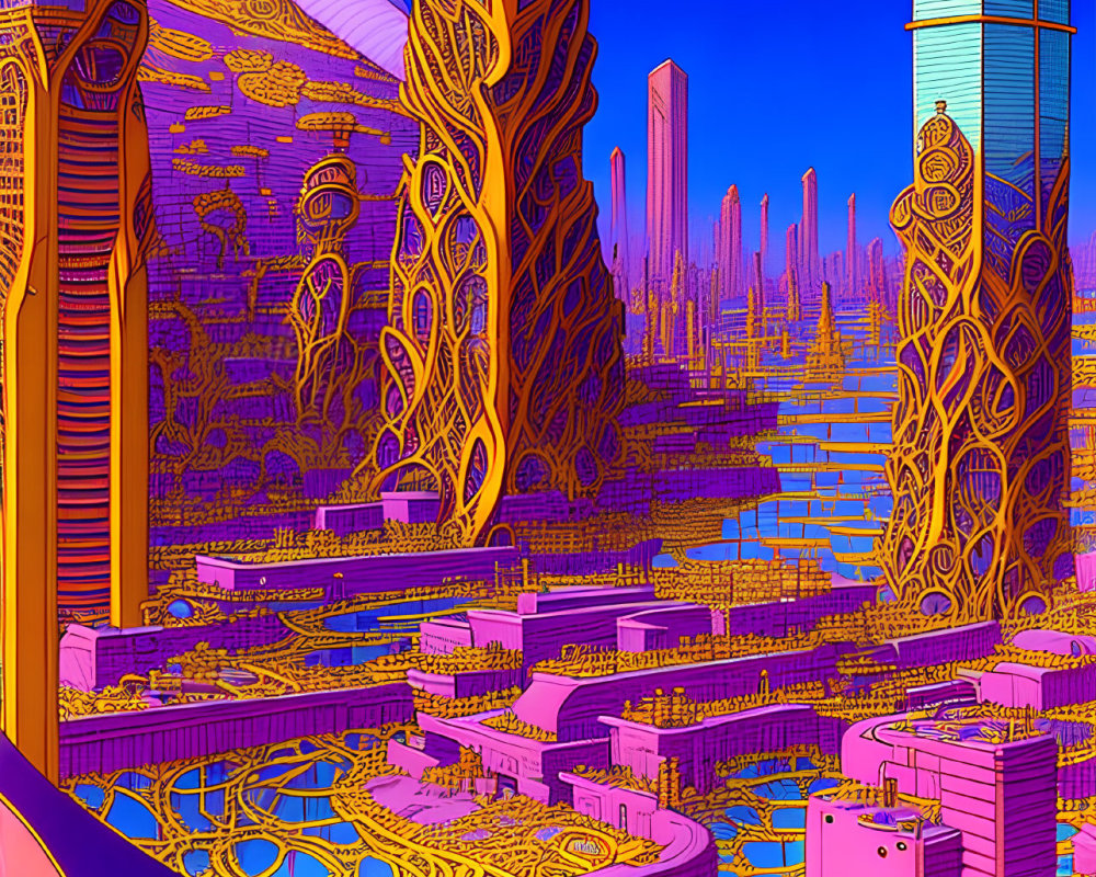 Futuristic cityscape with golden structures and skyscrapers