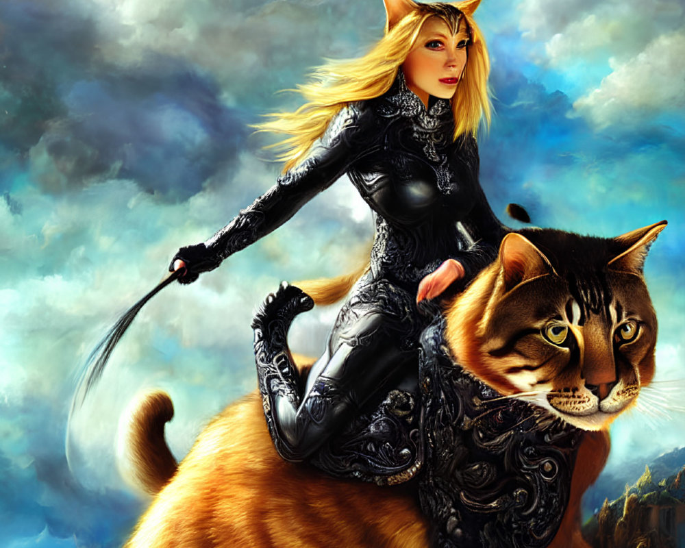 Fantasy illustration of woman with cat-like features riding giant tabby cat in mountain landscape