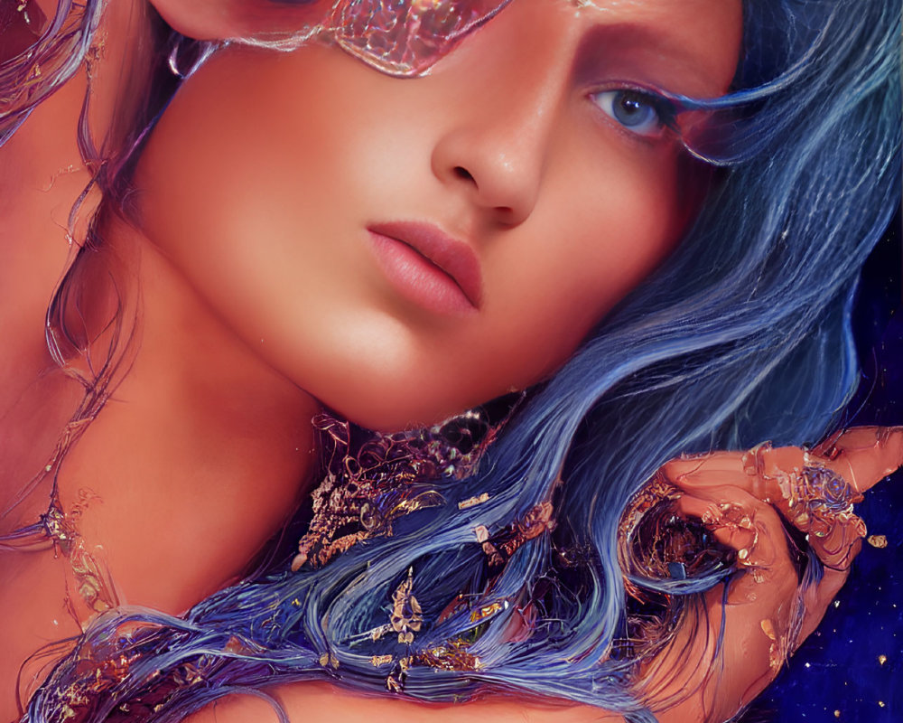 Blue-haired person with cosmic-themed accessories and swirling patterns gazes ahead