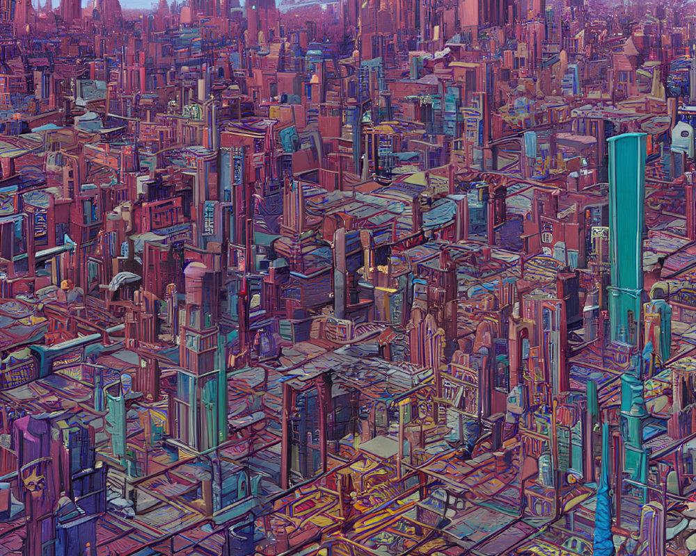 Colorful Futuristic Cityscape with Skyscrapers in Dusky Sky