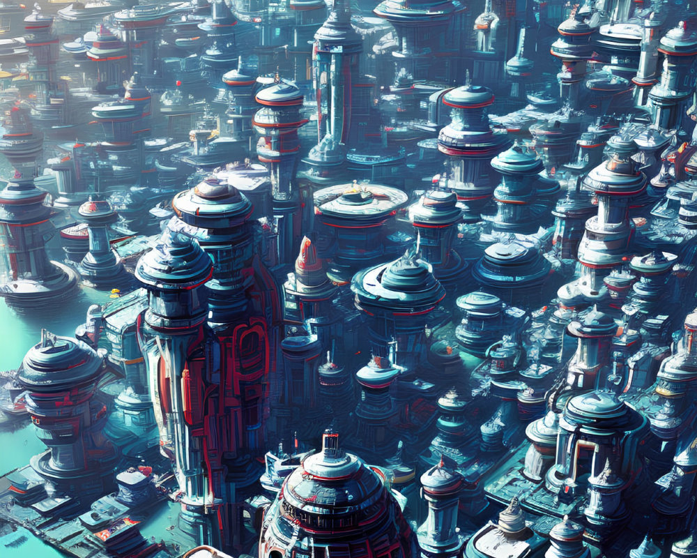 Futuristic cityscape with towering high-rises in blue tones