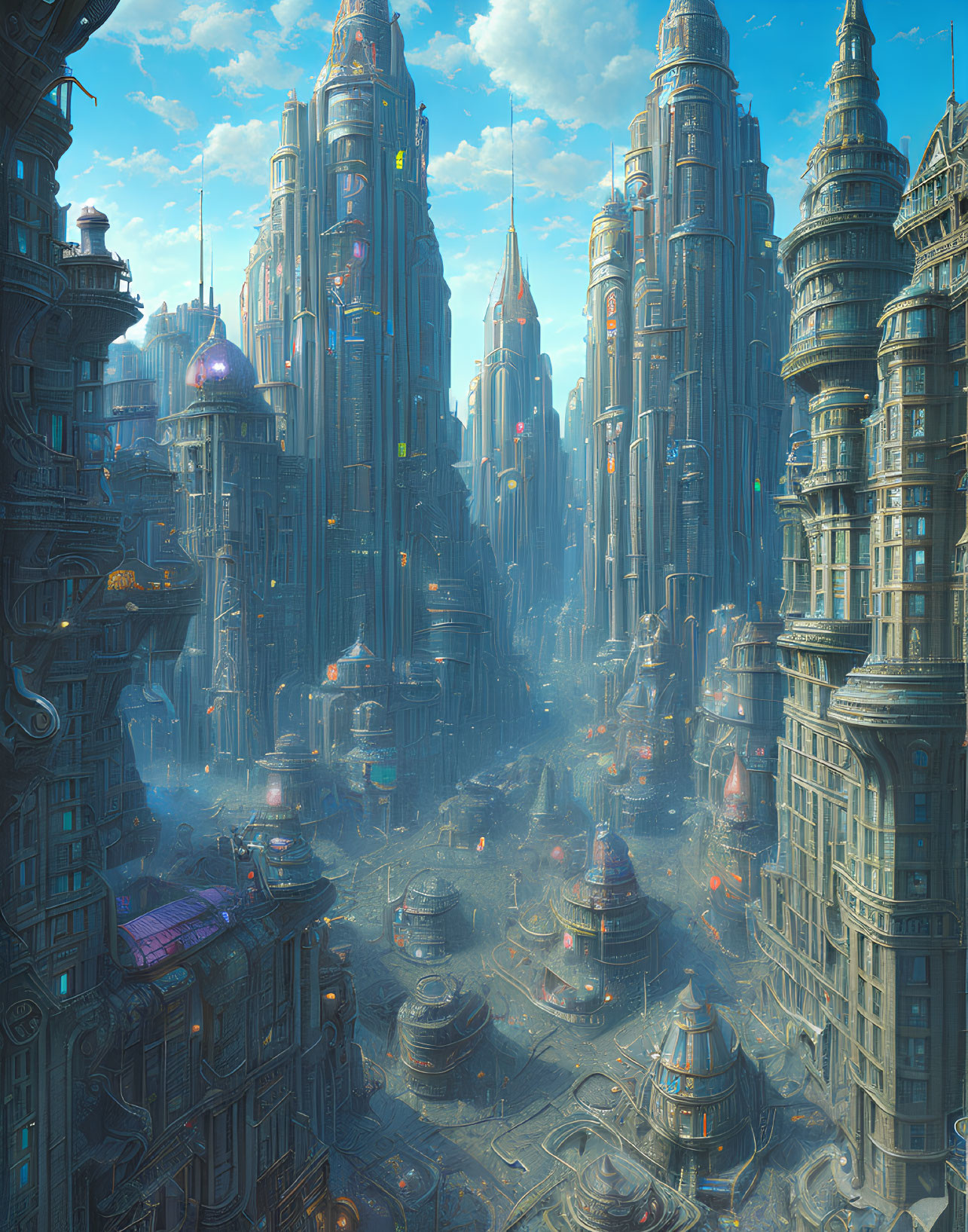 Detailed futuristic cityscape with skyscrapers and hovering vehicles in blue haze