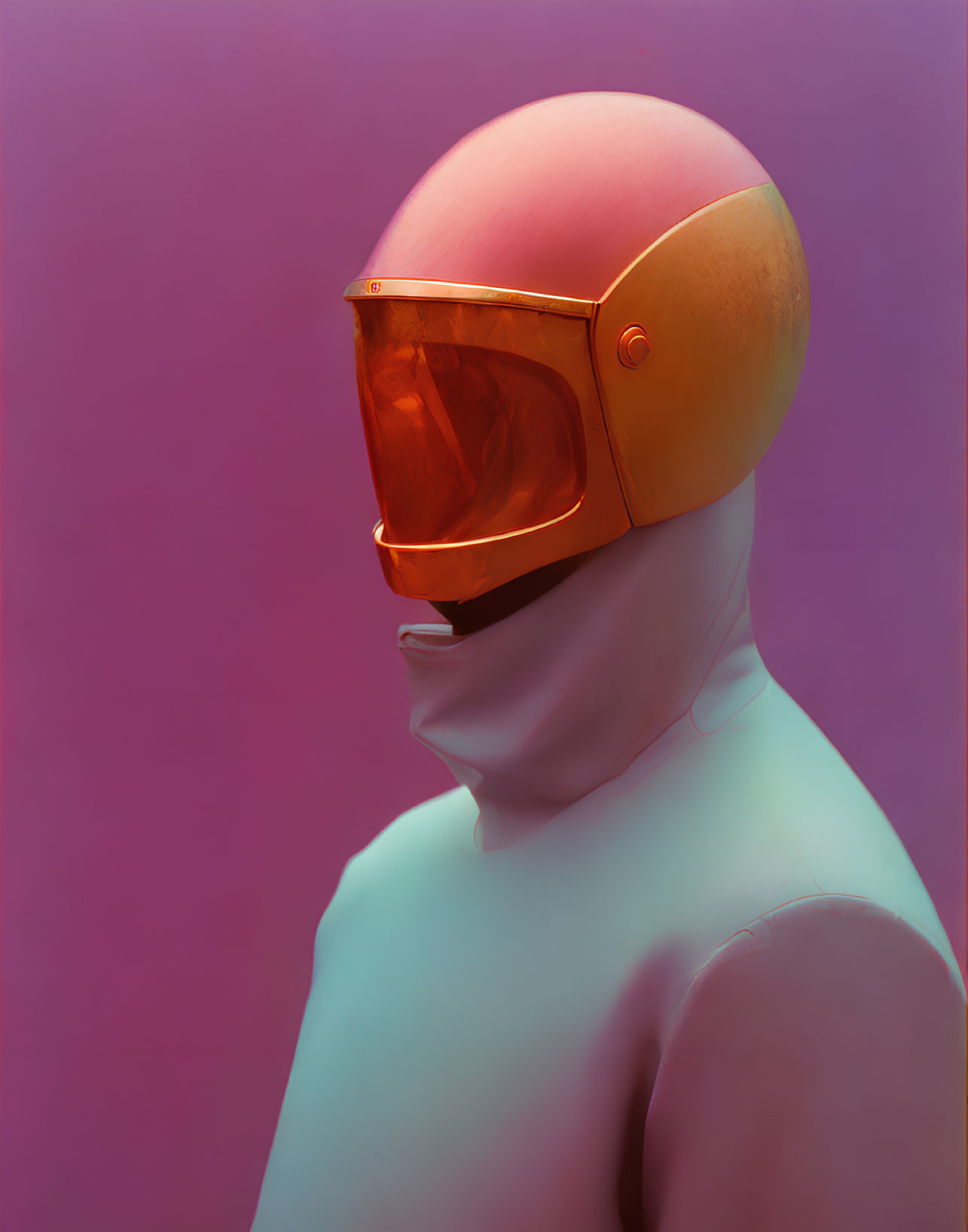 Reflective orange helmet on person against pink and purple background