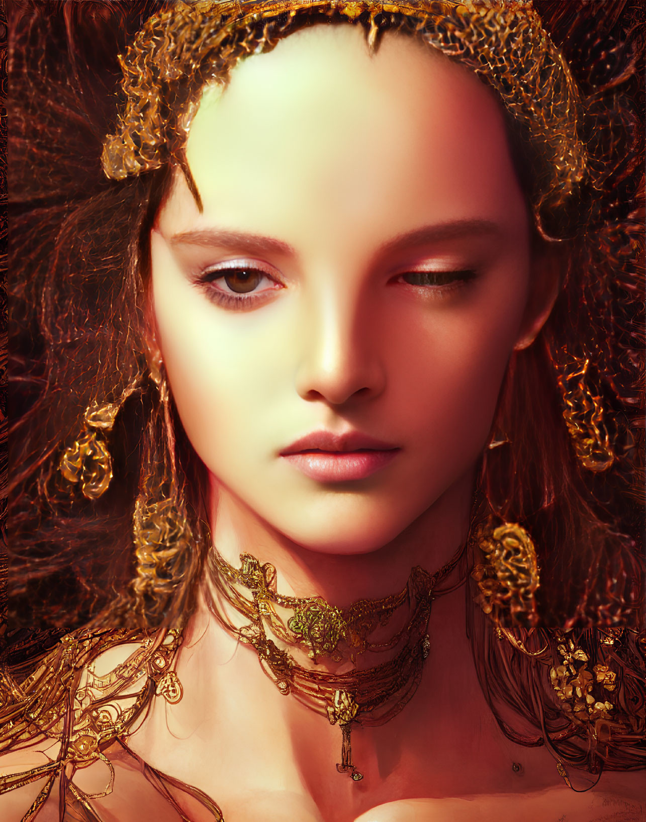 Detailed Golden Jewelry Adorns Woman in Portrait