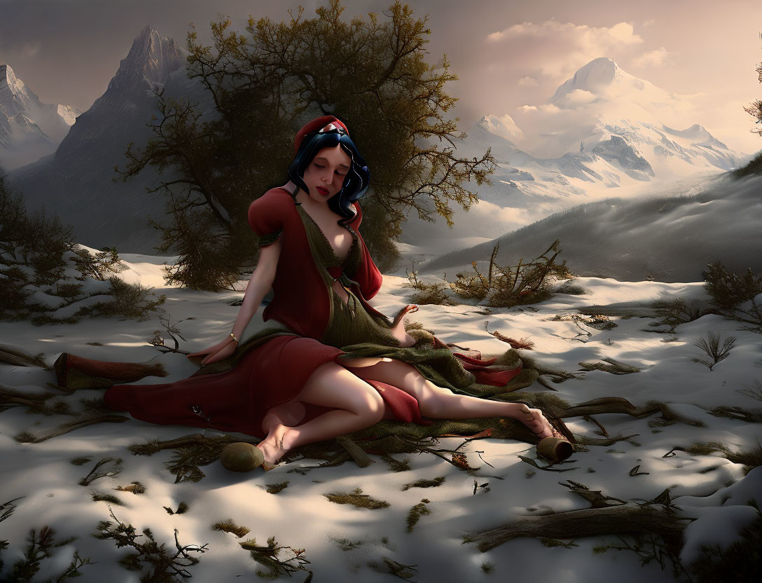 Digital artwork: Pale-skinned woman in red dress, snowy mountain landscape