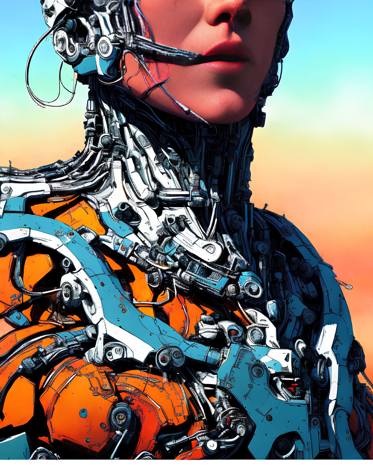 Portrait of person with robotic parts on neck and shoulder on orange background