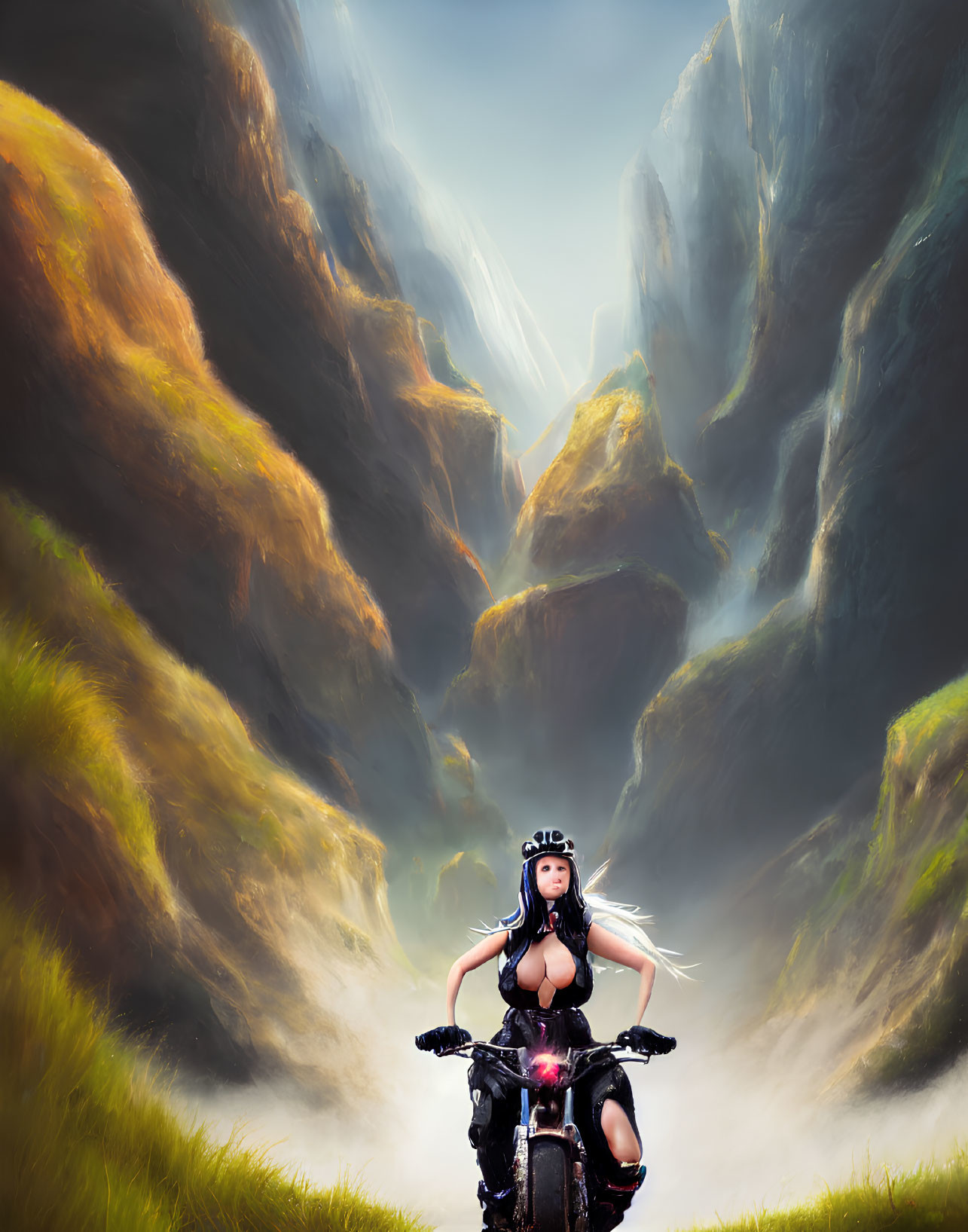 Person in Dark Attire on Motorcycle Overlooking Misty Valley