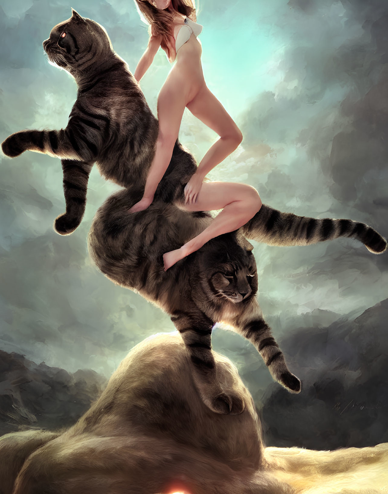 Person riding giant flying cat with second cat in dramatic sky