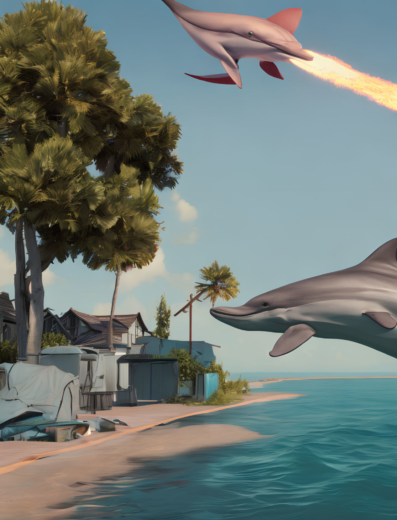 Rocket-shaped flying dolphin over coastal village with leaping companion dolphin.