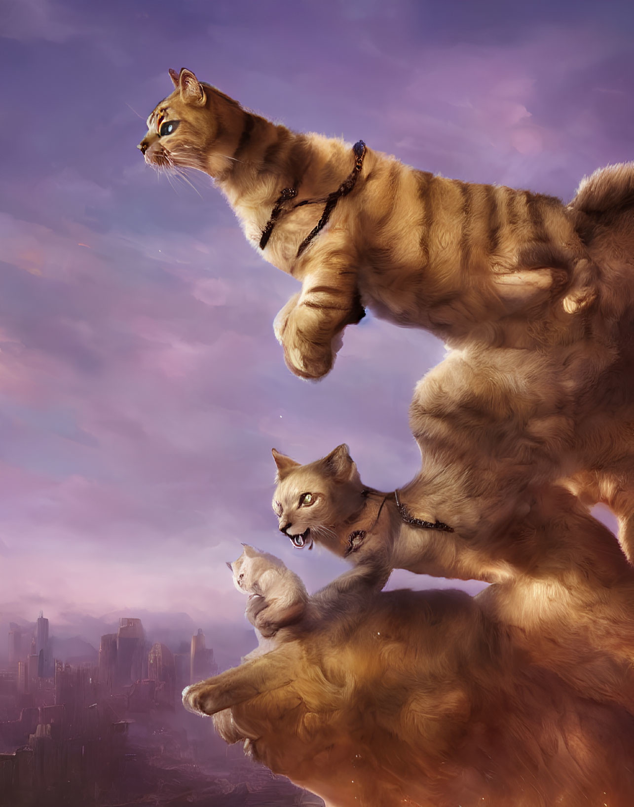 Realistic digital artwork of three cats against dreamy pink cityscape.