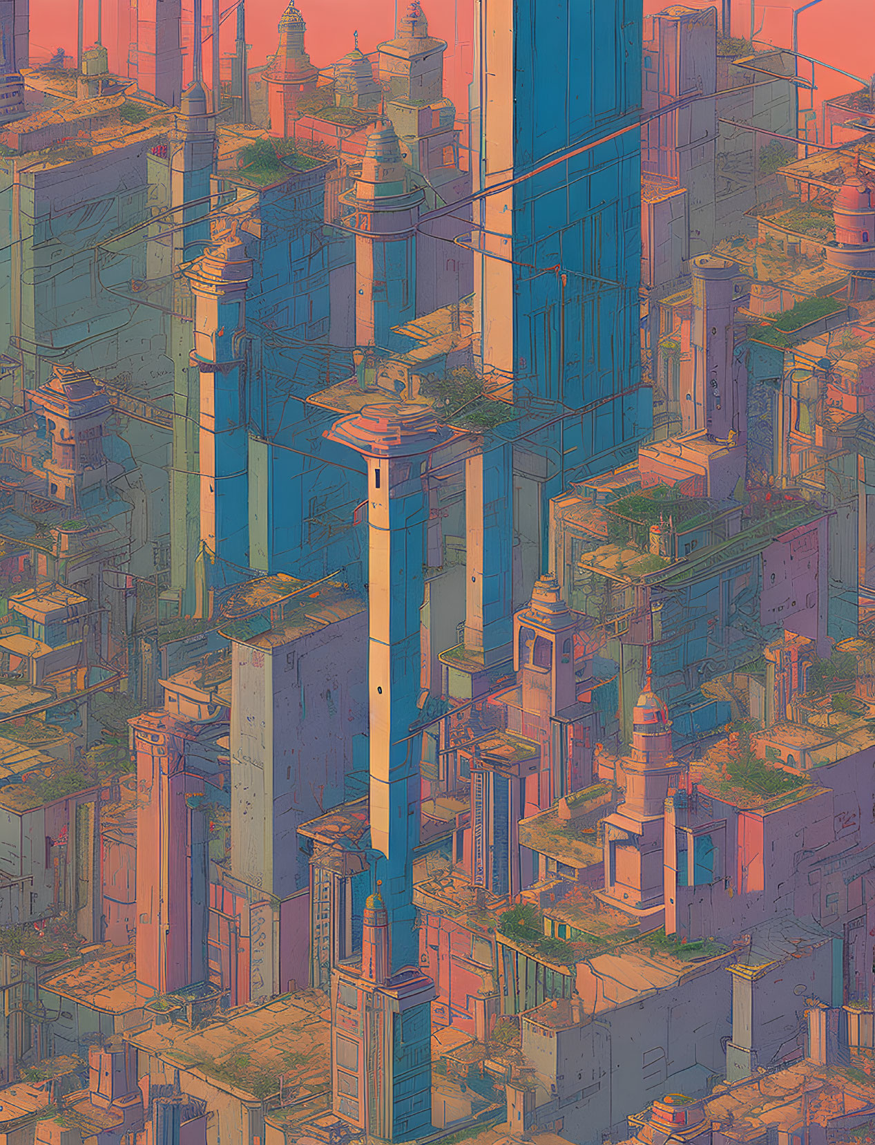 Detailed Futuristic Cityscape with Tall Structures in Pink and Blue