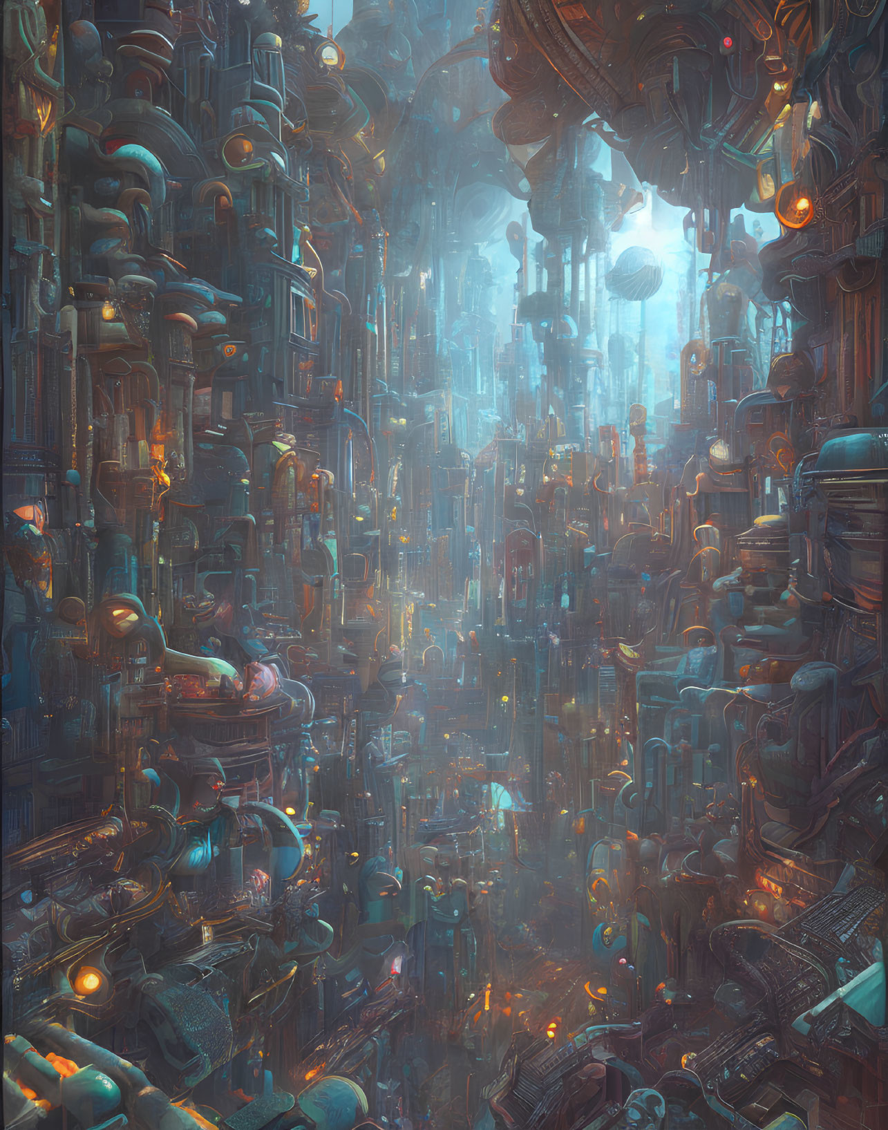 Intricate Cyberpunk Cityscape with Floating Orbs