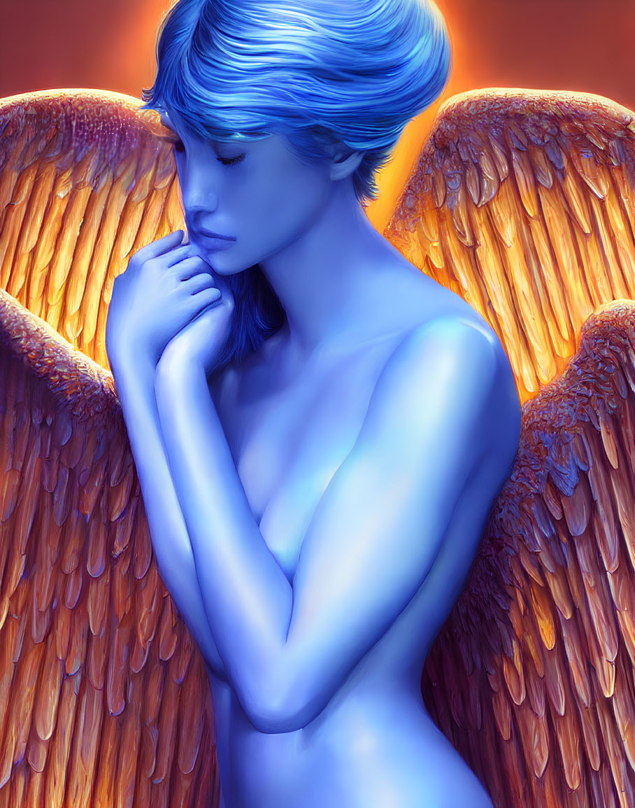 Blue-skinned figure with golden wings against blue background