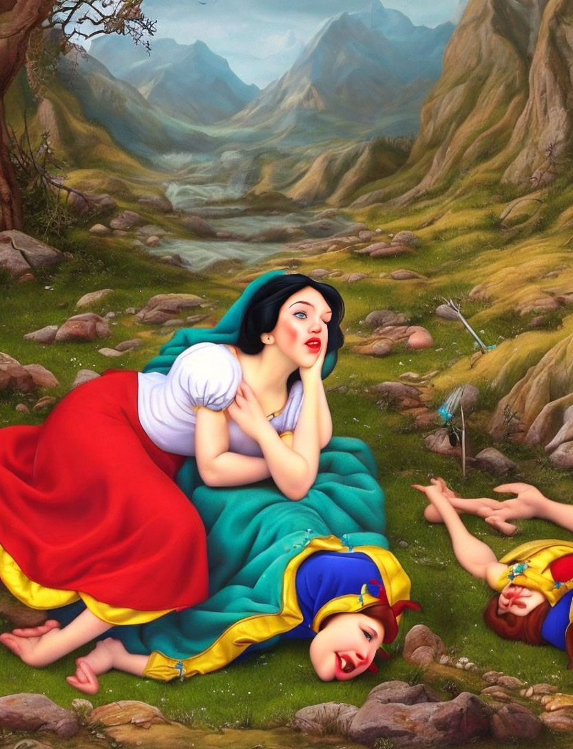 Pale-skinned woman in blue dress gazes at fallen figures in yellow attire