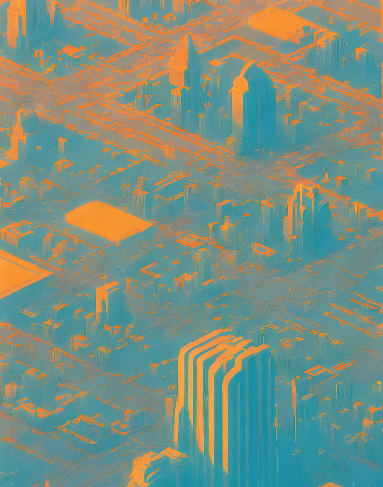 Abstract digitally altered cityscape with orange and blue skyscrapers.