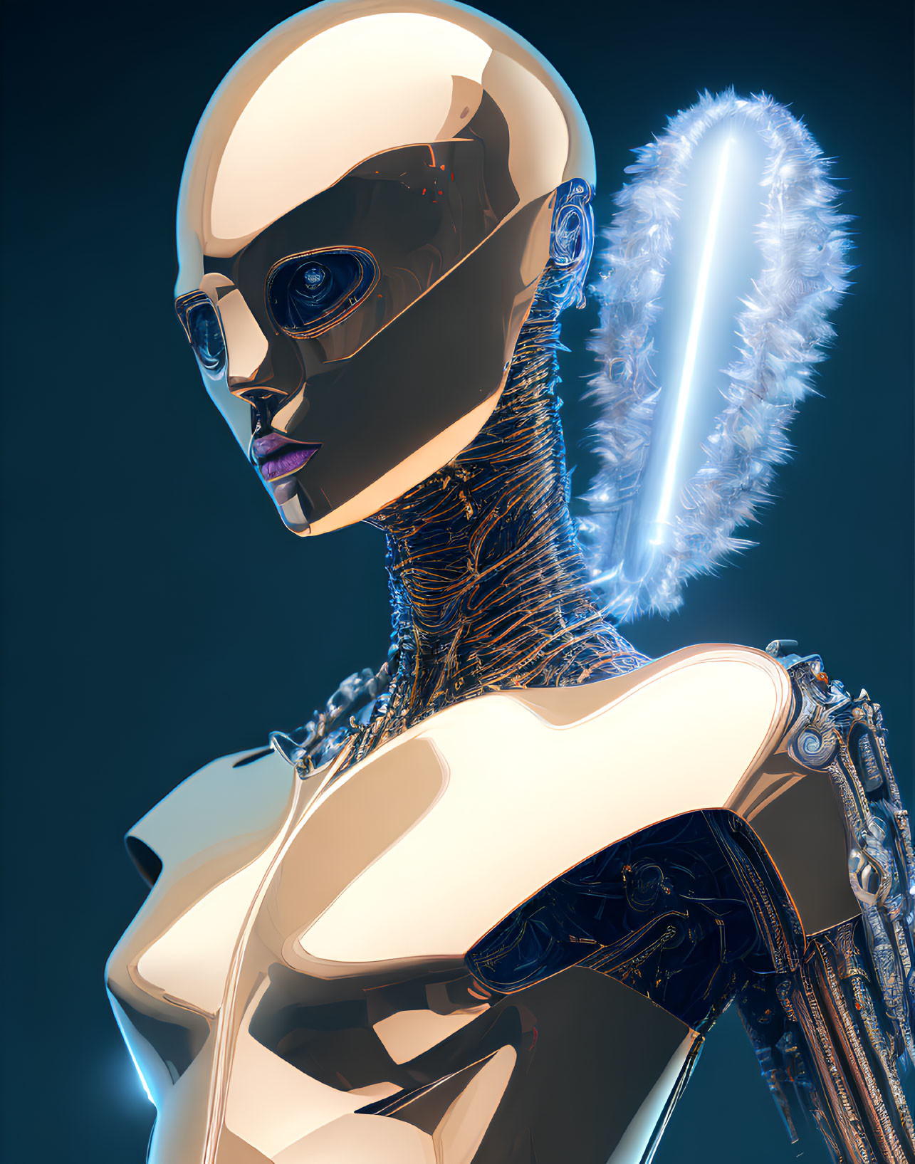 Futuristic humanoid robot with white head and glowing blue element