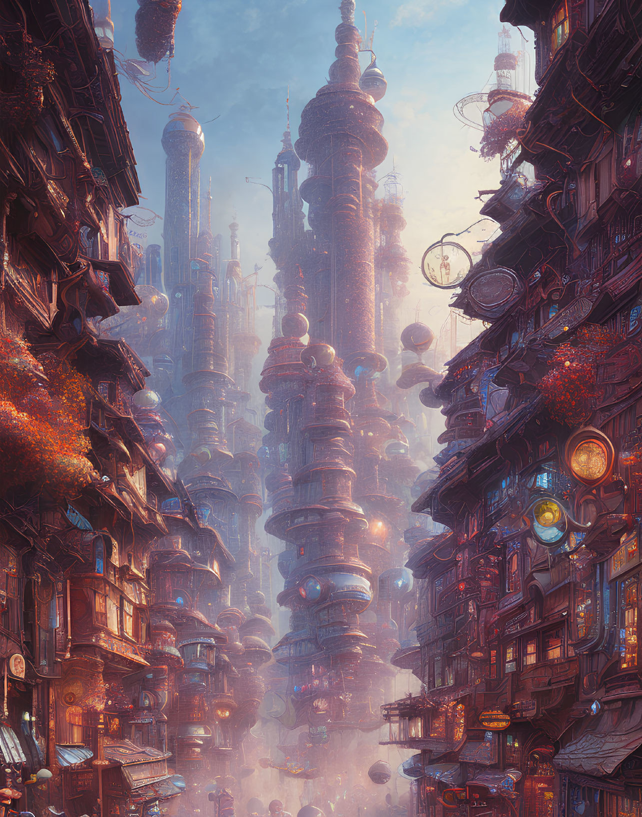 Futuristic city with towering skyscrapers and floating orbs