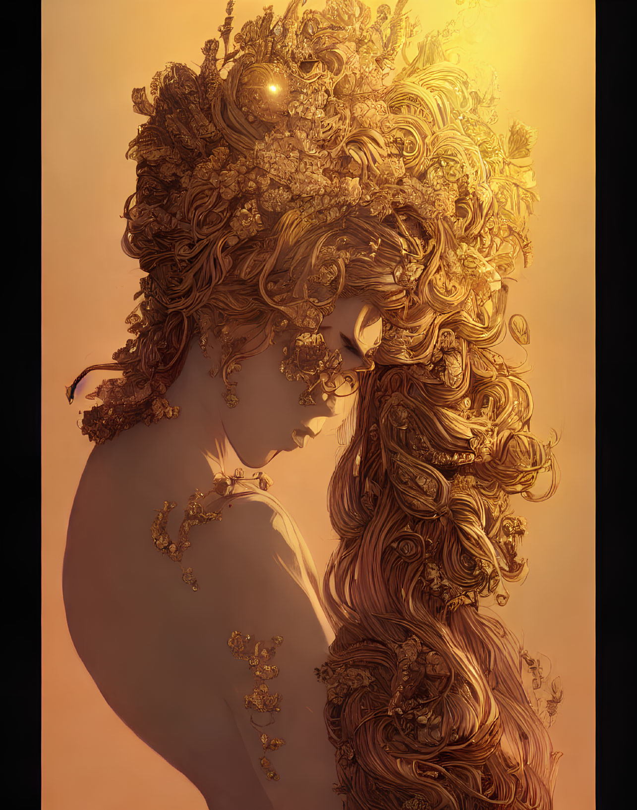 Woman with ornate golden headdress and flowing hair in warm amber glow