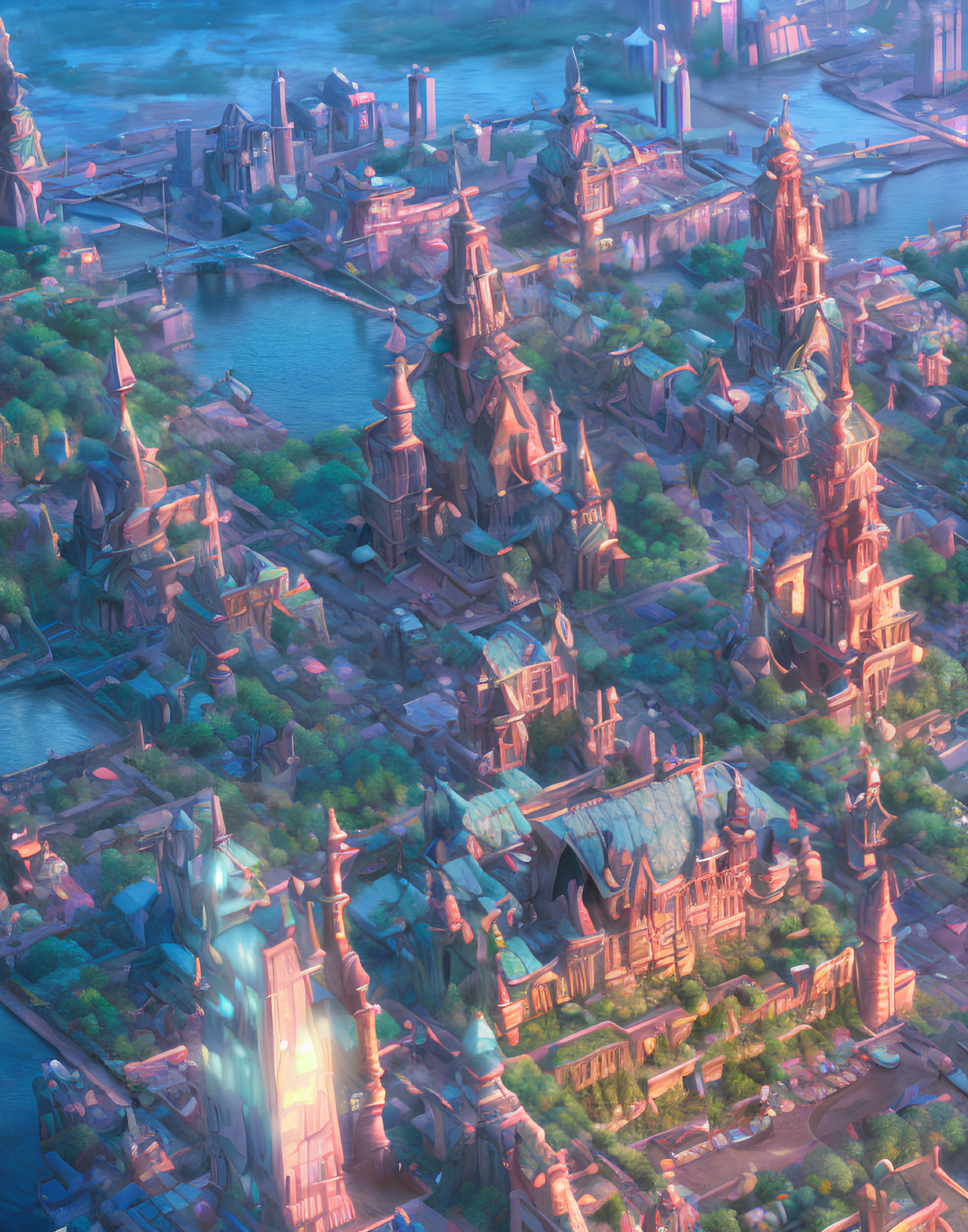 Fantastical cityscape at dawn with towering spires and waterways