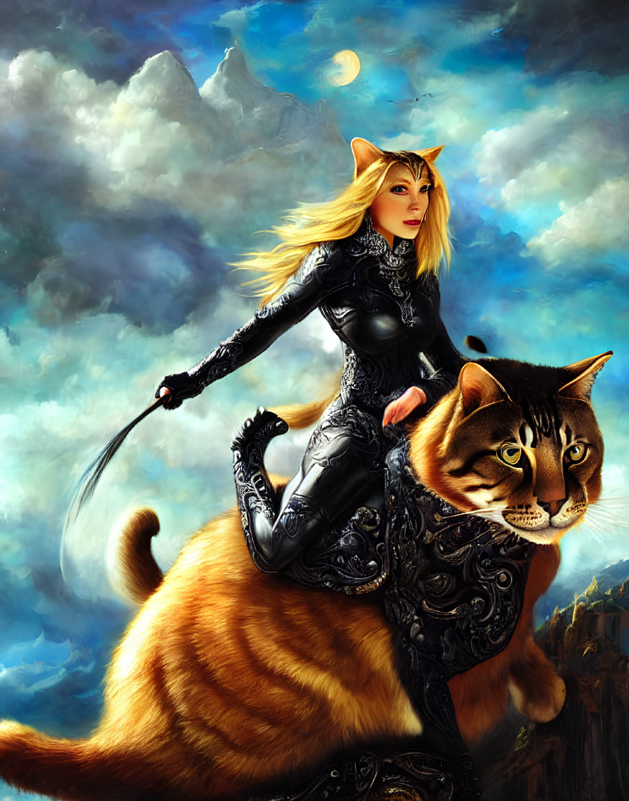 Fantasy illustration of woman with cat-like features riding giant tabby cat in mountain landscape