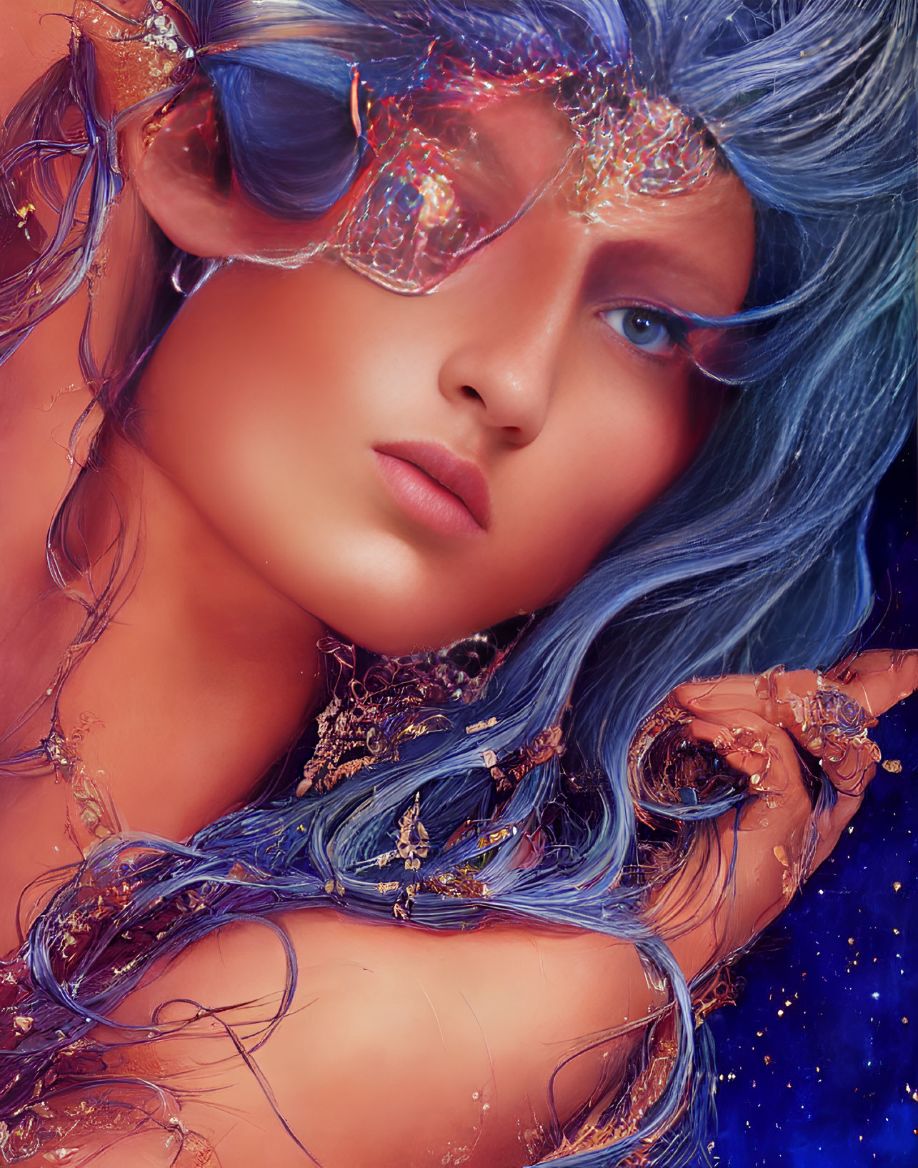 Blue-haired person with cosmic-themed accessories and swirling patterns gazes ahead