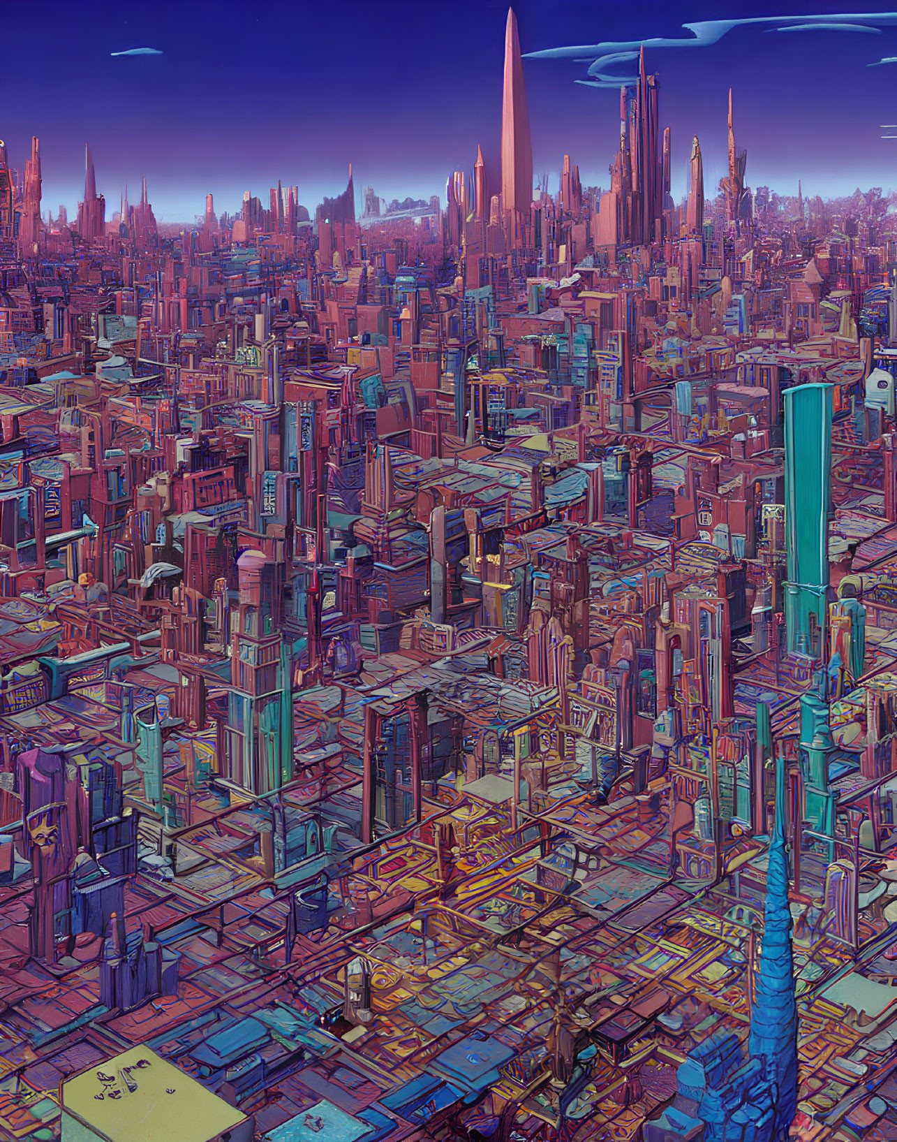 Colorful Futuristic Cityscape with Skyscrapers in Dusky Sky