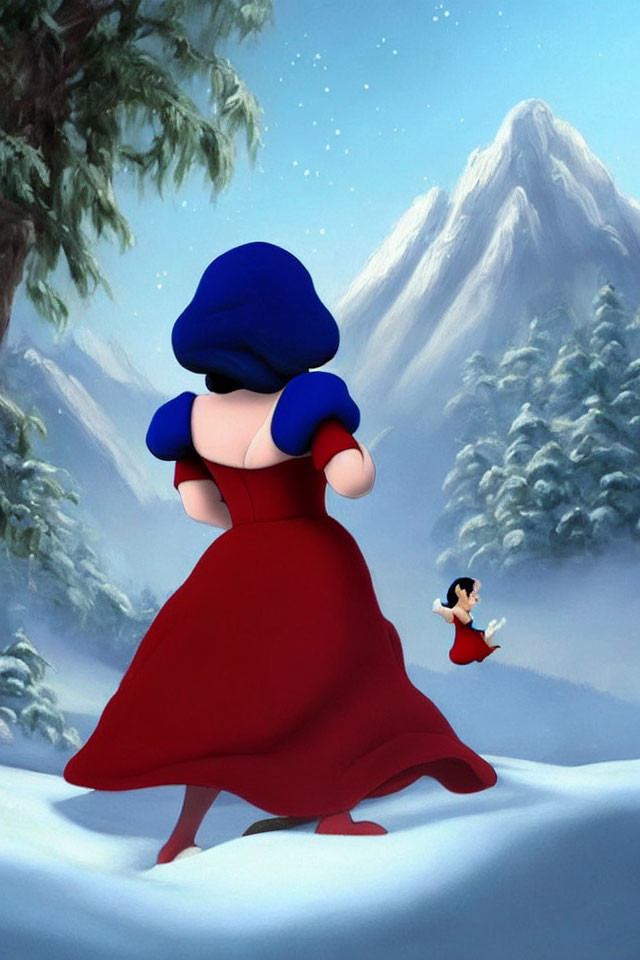 Small figure proposing to larger character in snowy mountain scene