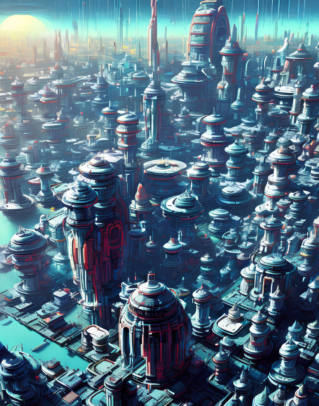 Futuristic cityscape with towering high-rises in blue tones