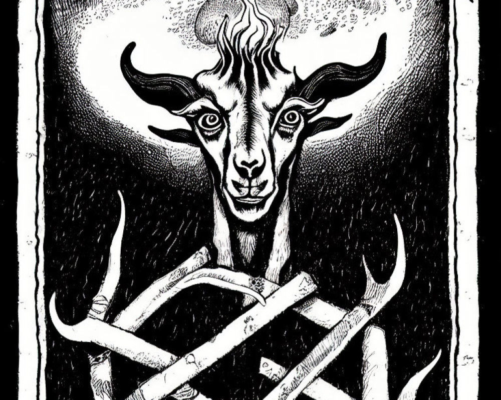 Monochrome goat illustration with flame-like shapes and pentagram, surrounded by twisted branches