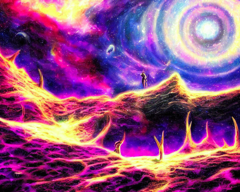 Colorful cosmic painting with figure on surreal landscape and swirling galaxies.