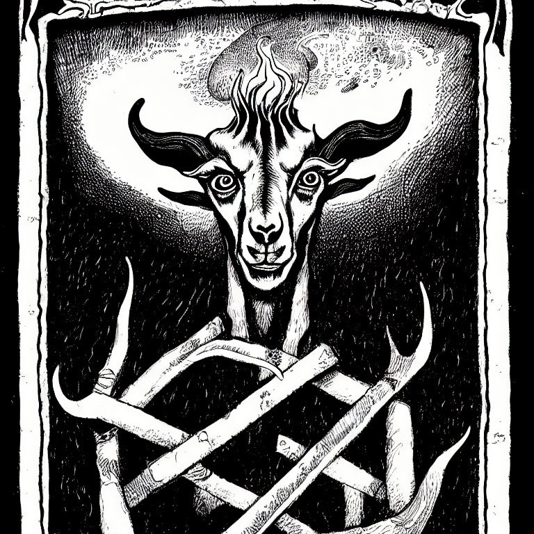 Monochrome goat illustration with flame-like shapes and pentagram, surrounded by twisted branches