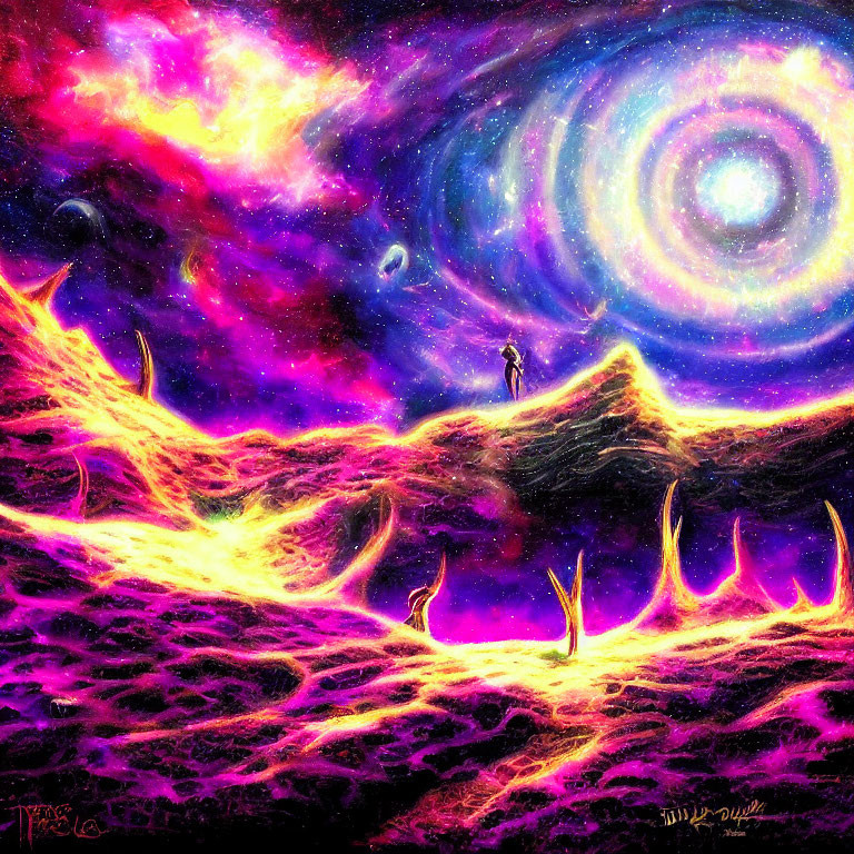 Colorful cosmic painting with figure on surreal landscape and swirling galaxies.