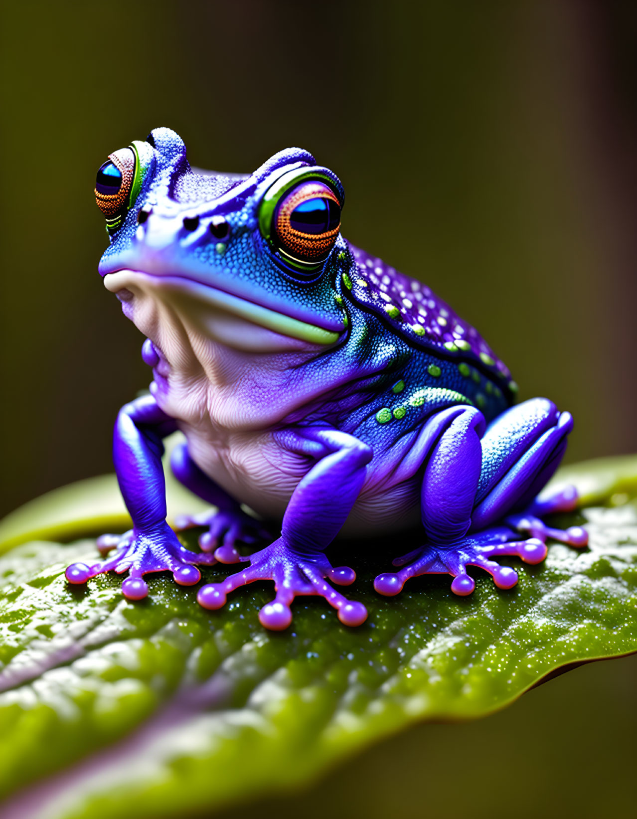 Colorful Frog with Bulging Red Eyes on Green Leaf