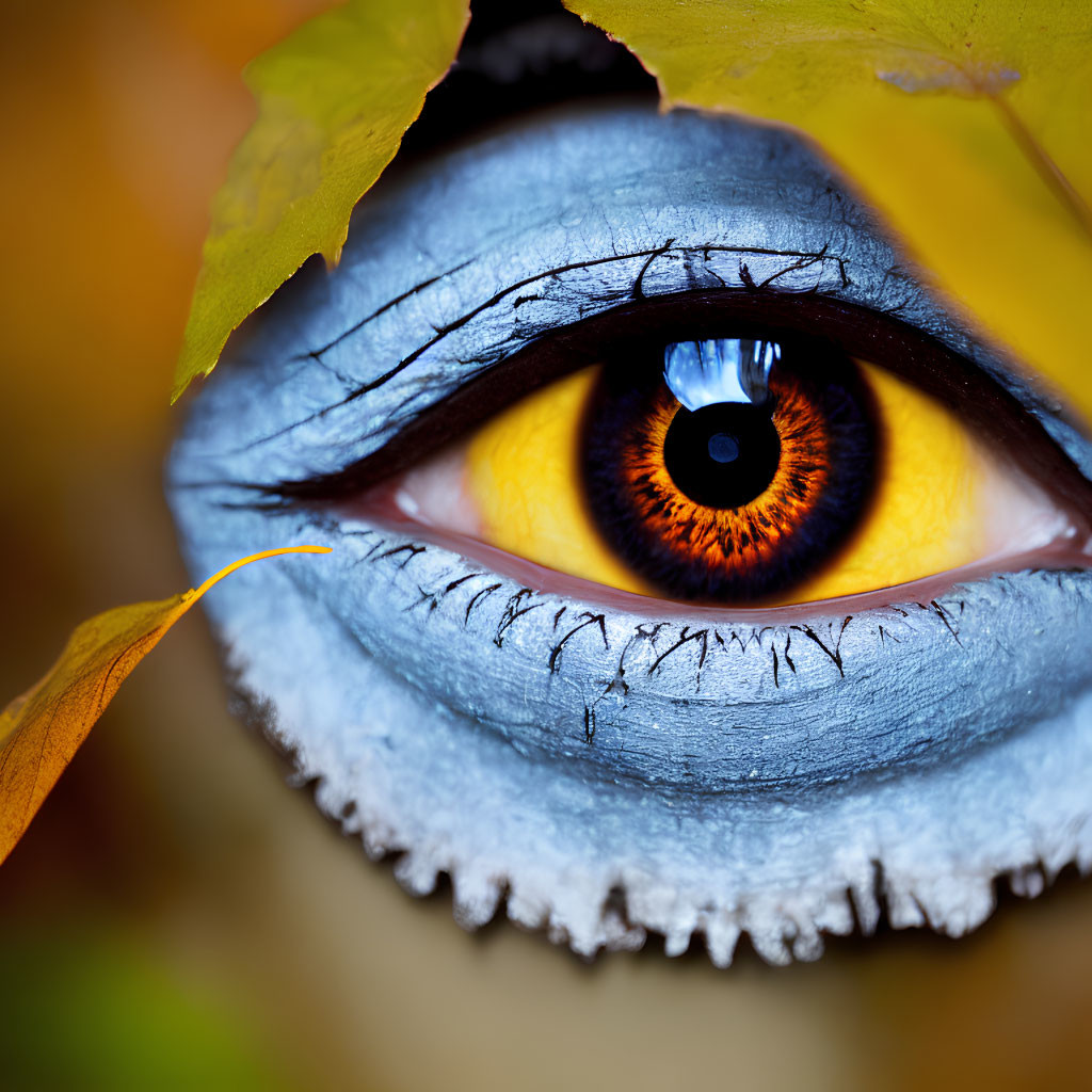 Vibrant orange eye with blue skin paint against autumn leaves