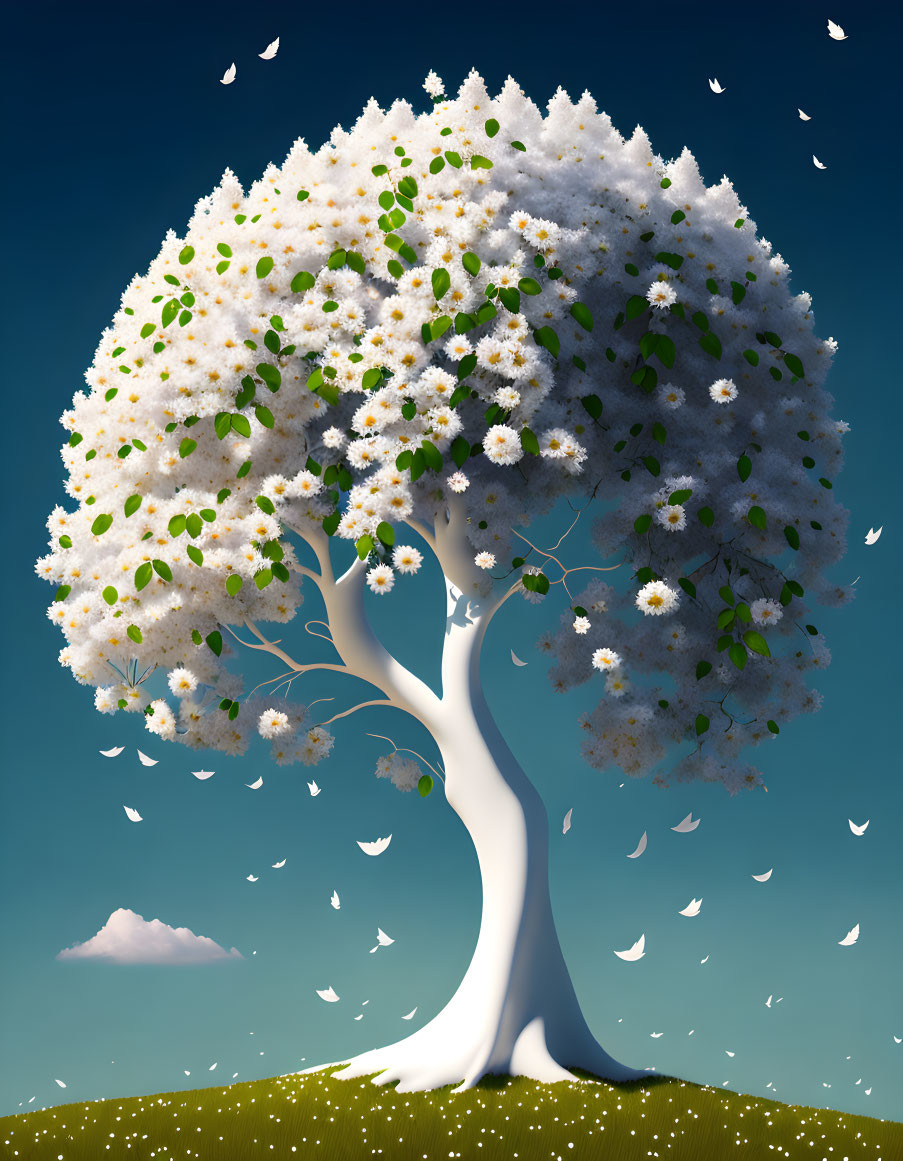 White Tree with Flowers and Green Leaves under Blue Sky