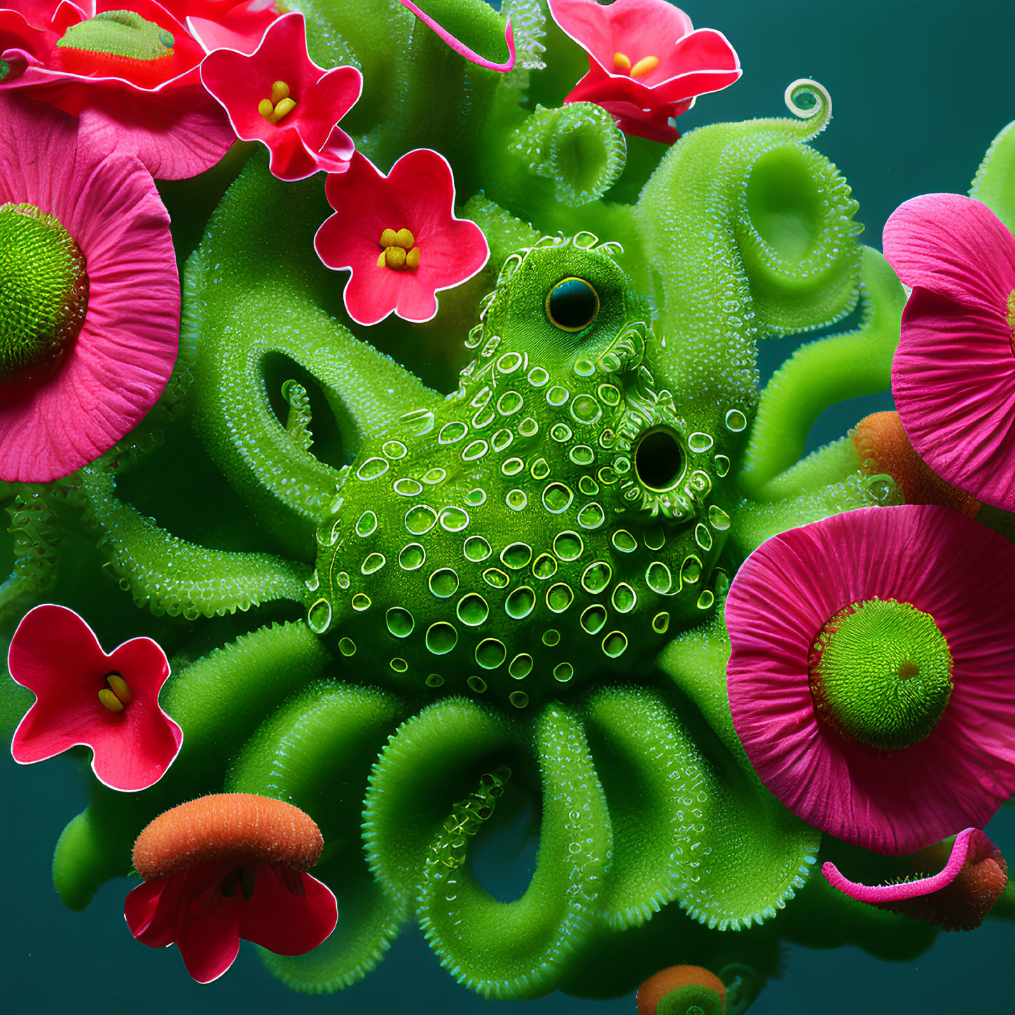 Colorful Octopus-Like Creature Surrounded by Red Flowers