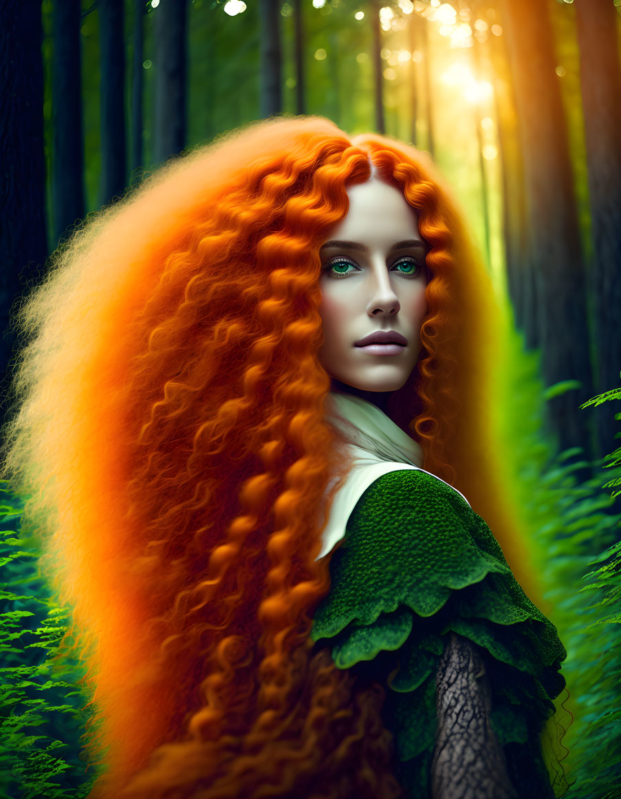 Woman with Curly Red Hair in Sunlit Forest Wearing Leaf-Like Garment