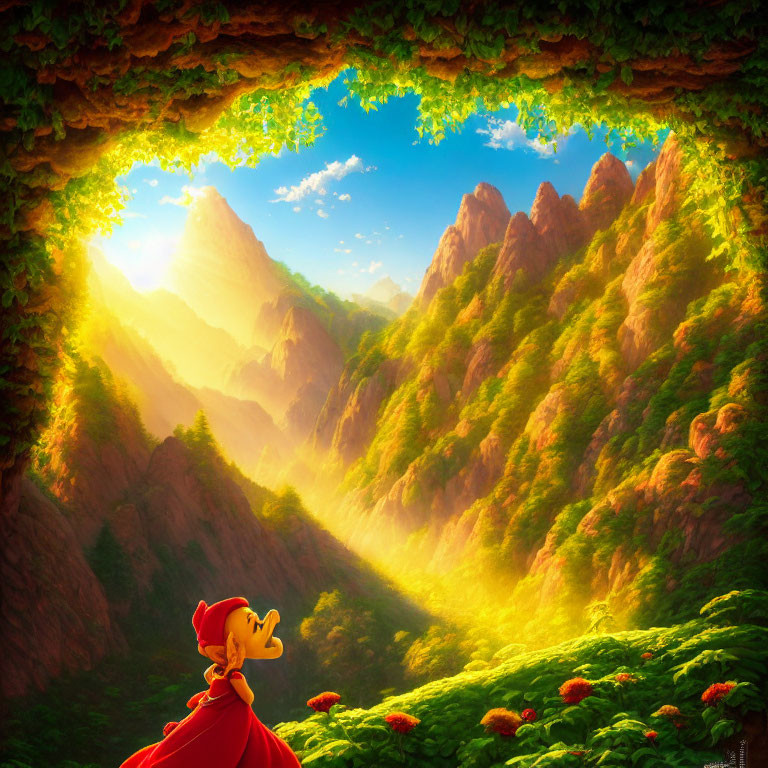 Animated character admiring sunlit mountain landscape through vine-framed cave.