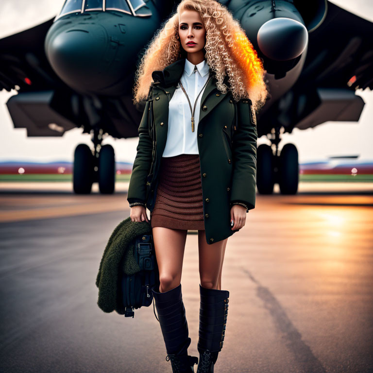 Curly Blonde Hair Person in Green Jacket by Airplane