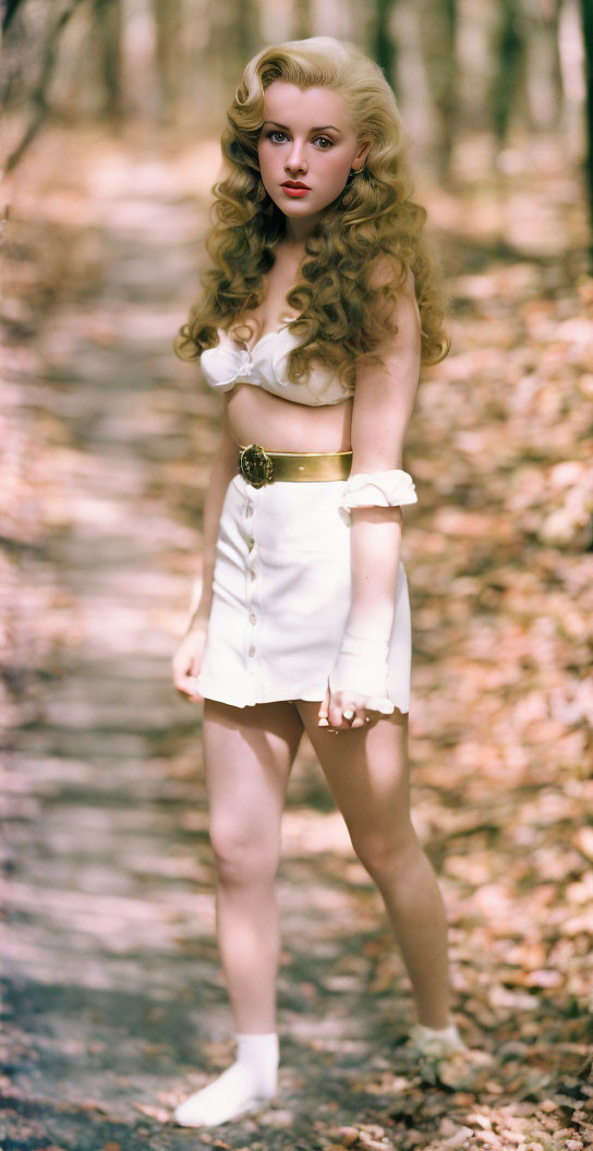 Blonde woman in vintage attire on forest path.