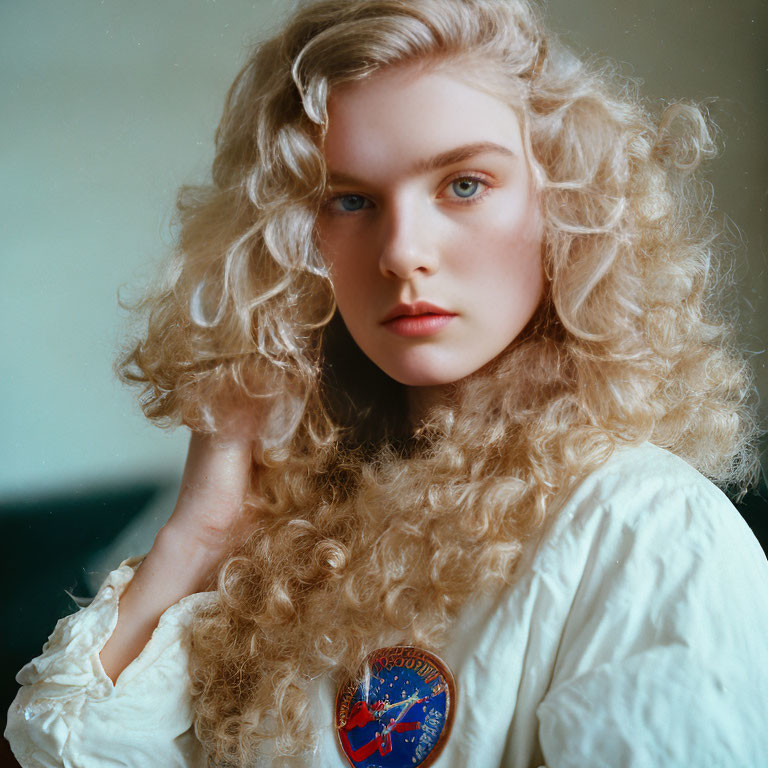 Blonde woman with curly hair in NASA patch blouse