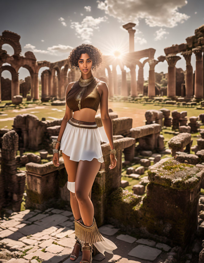 Stylish woman poses in ancient ruins under sunlit sky