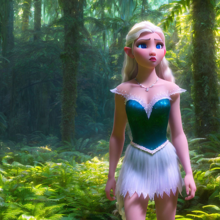 Blonde-Haired Female Character in Green and White Dress in Misty Forest