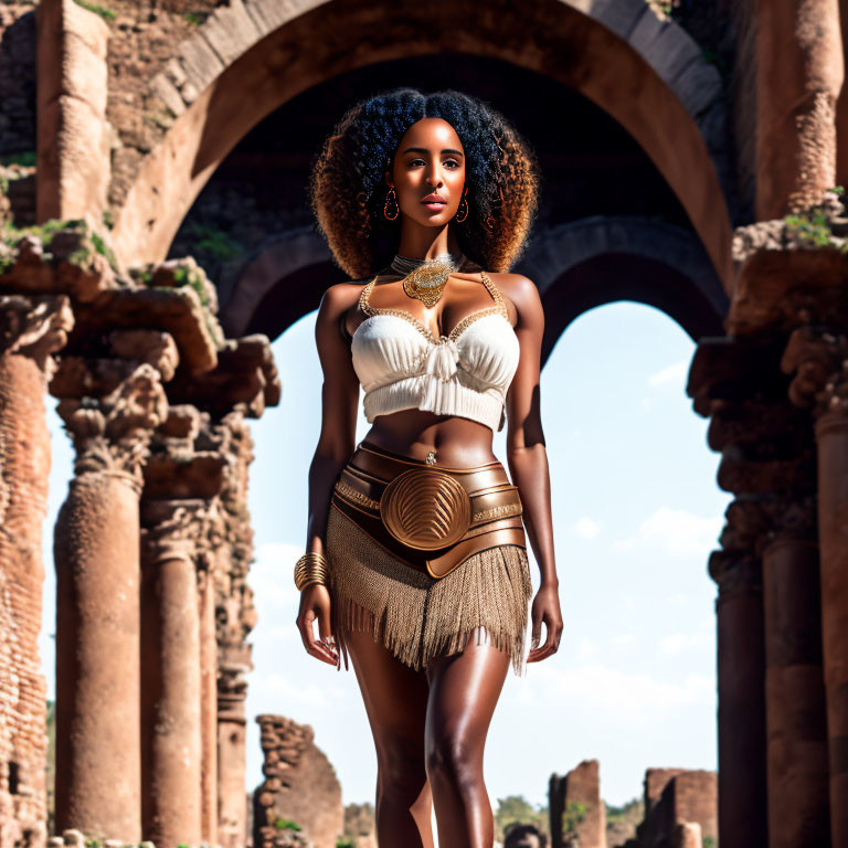 Elegant woman in golden outfit at ancient Roman ruins