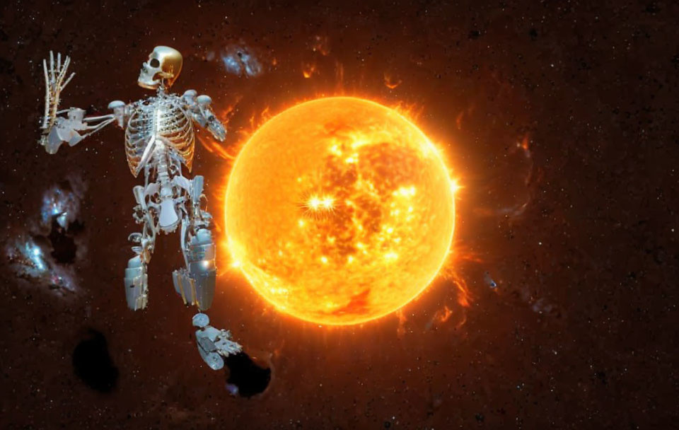 Skeleton with bionic limbs in space near vibrant sun.