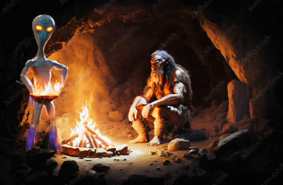 Glowing blue alien meets neanderthal by cave fire