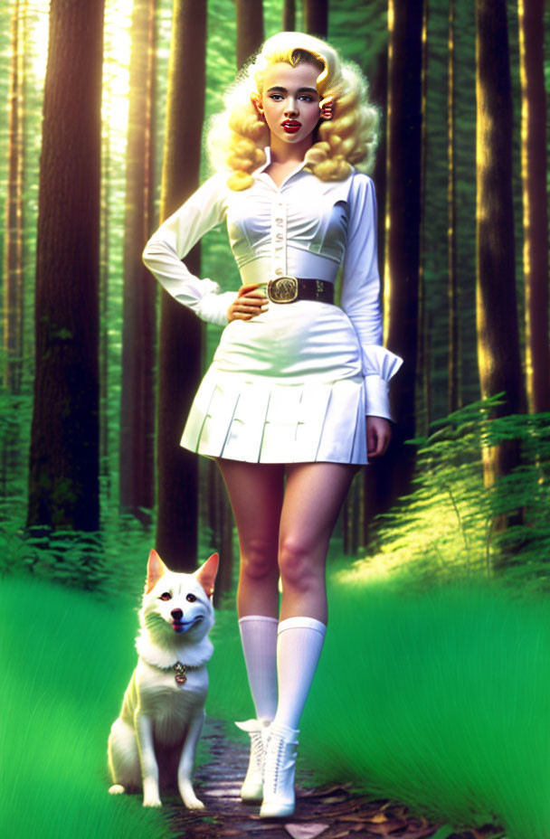 Blonde woman in retro attire with smiling dog in sunlit forest