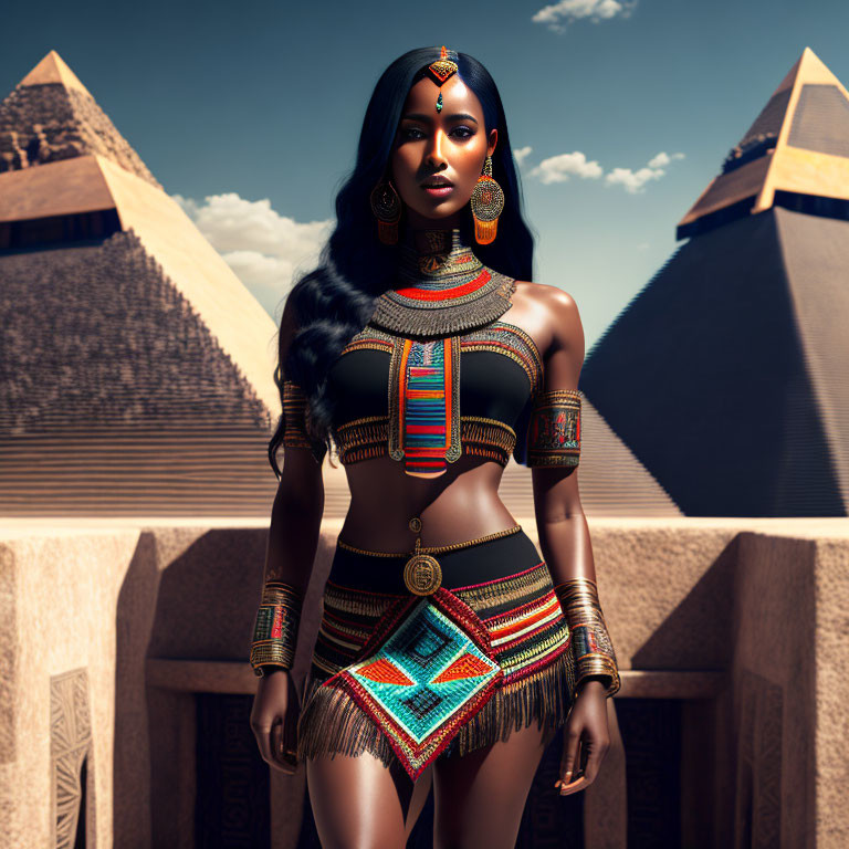 Digital artwork: Woman in Egyptian attire at pyramids