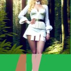 Blonde woman in retro attire with smiling dog in sunlit forest