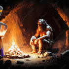 Glowing blue alien meets neanderthal by cave fire